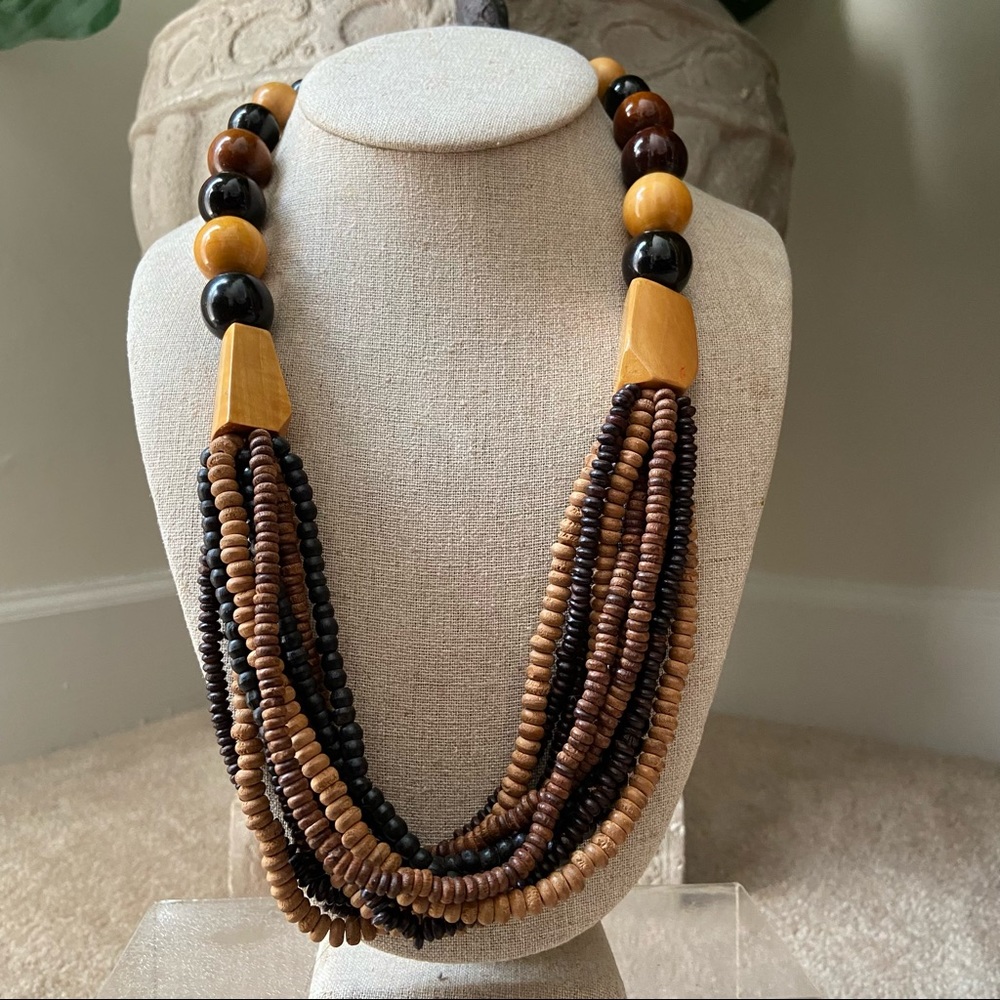Brown tan wood beaded multi strand necklace - Picture 2 of 11